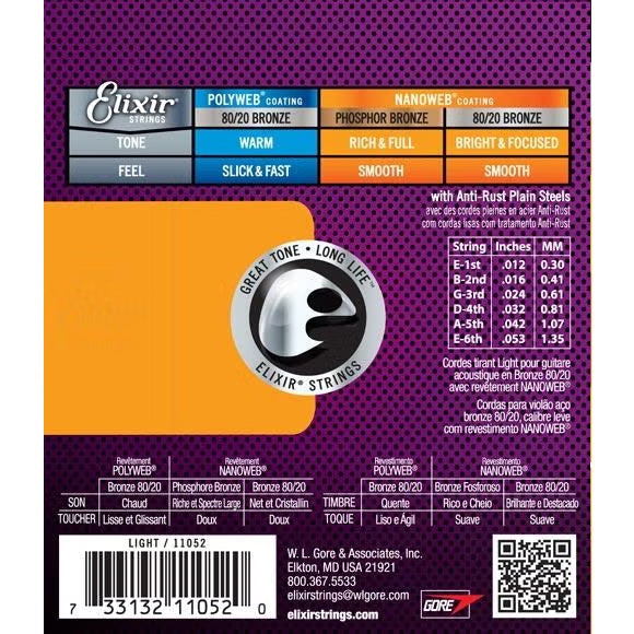Elixir 80/20 Bronze 12-53 Nanoweb Coated Acoustic, Light