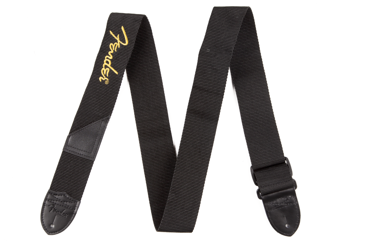 Fender® 2" Black Poly Strap w/ Yellow Fender® Logo
